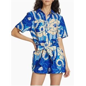 Farm Rio Tropical Groove Blue Romper Floral Paisley Linen Blend Size M NEW